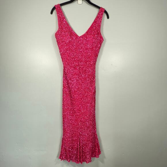 Mac Duggal Couture 100% Silk Barbie Pink Sequin Gown 8 Y2K Formal Dress VTG - Picture 1 of 14